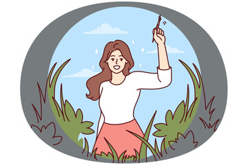 Smiling young woman painting beautiful nature recover from mental illness. Happy girl draw bright environment feeling optimistic and positive. Vector illustration.