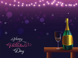 Happy Valentine's Day Celebration Concept with Realistic Champagne Bottle, Flute Glass on Table and Lighting Garland Decorated Purple and Blue Background.