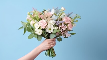 A bouquet of spring flowers close-up in the hand on a blue background. A nice gift for a holiday. Spring mood