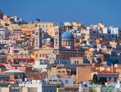 Panoramic View from the sea to the Ermoupolis city of Syros island in Greece