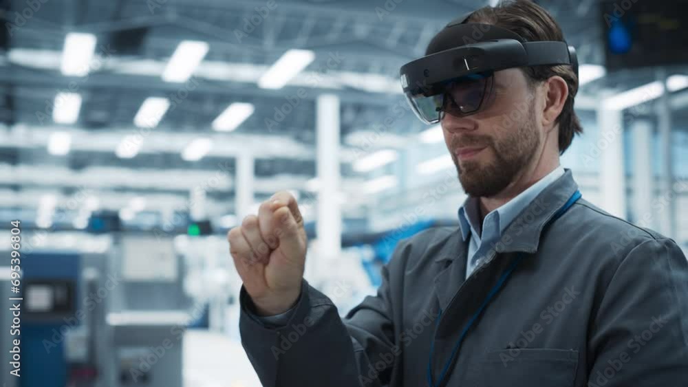 Poster Close Up Of Caucasian Male Engineer Wearing an Augmented Reality Headset And Controlling Soldering Jet Printer At Electronics Factory. Technician Using Gestures To Configure Industrial Machinery.