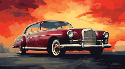 vector illustration of a classic vintage car, highlighting its timeless elegance, and set against a watercolor texture background for a retro artistic effect. vintage car
