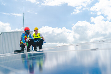Engineer technician using laptop checking and operating system on rooftop of solar cell farm power plant, Renewable energy source for electricity and power, Solar cell maintenance concept - obrazy, fototapety, plakaty