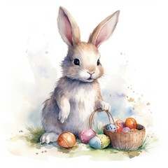 Watercolor cute bunny with Easter eggs for Easter holiday