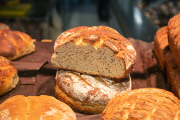 Set of breads stored for sale and consumption in supermarket.