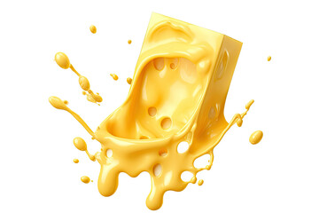 Piece of Cheese with drip and melting sauce splashing isolated on transparent png background, cheese slice with liquid swirl, ingredients for making food.