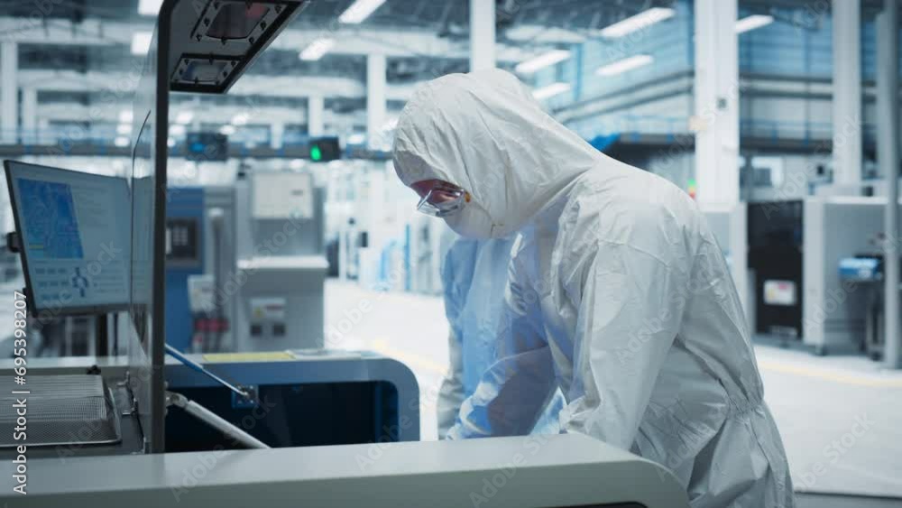 Poster Semiconductor Production Process At Electronics Factory: Two Technicians In Sterile Suits Taking Out Silicon Wafer From Soldering Jet Printer And Checking It. Engineers Creating Hardware For Computers