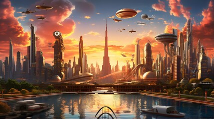 beautiful panorama of modern city at sunset with flying saucer