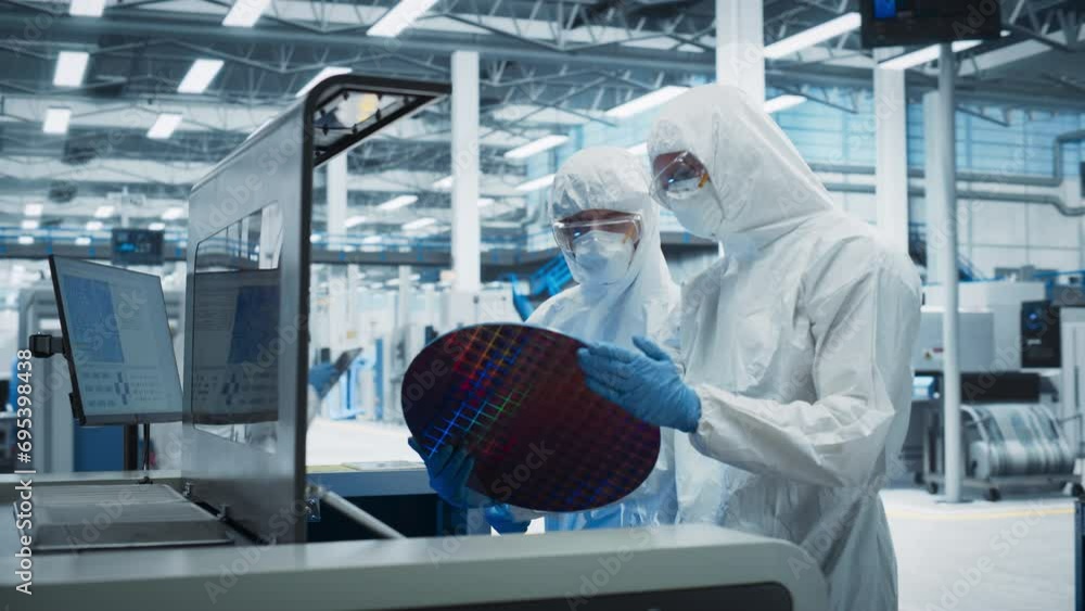 Poster Semiconductor Production At Electronics Manufacturing Facility: Two Specialists In Sterile Suits Taking Out Silicon Wafer From Soldering Jet Printer And Checking It. Engineers Making Computer Hardware