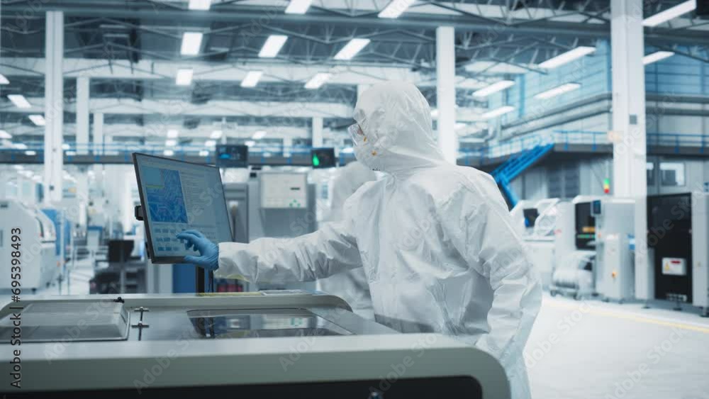 Leinwandbilder printed circuit board production at electronics factory: technician in sterile suit using soldering 
