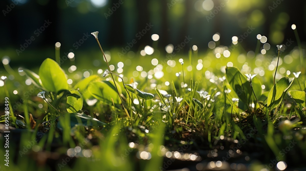 Poster a close up of a grass field with dew drops on the grass and the sun shining through the trees behind