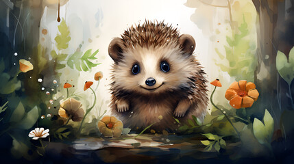 watercolor illustration of cute hedgehog in a forest.