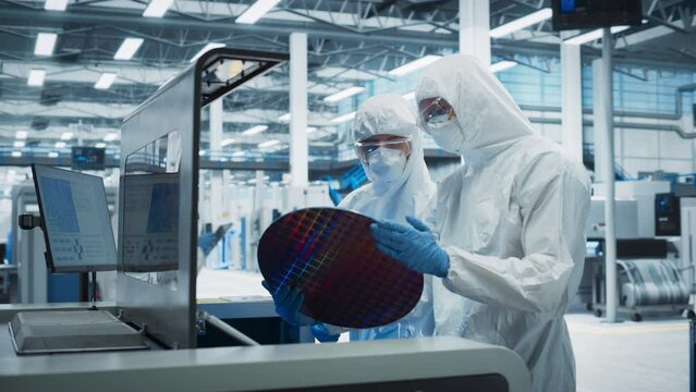 Semiconductor Production At Electronics Manufacturing Facility: Two Specialists In Sterile Suits Taking Out Silicon Wafer From Soldering Jet Printer And Checking It. Engineers Making Computer Hardware