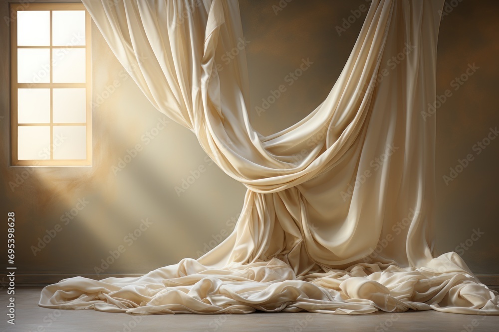 Poster a room with a curtain and a light coming through the window and a blanket on the floor in front of a