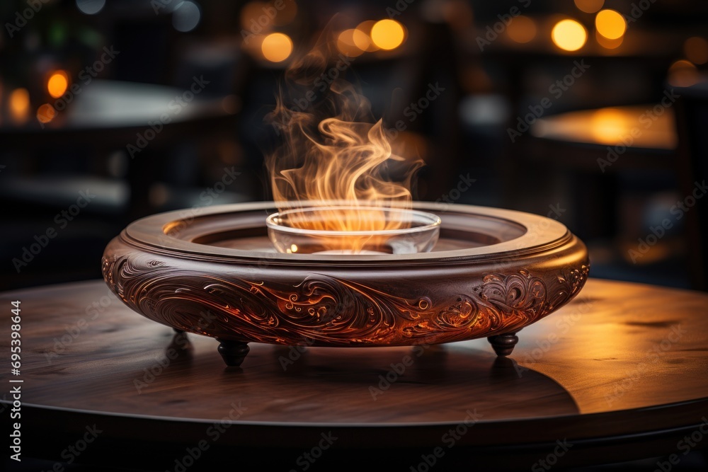 Poster a bowl filled with a liquid sitting on top of a wooden table in front of a group of tables with chai