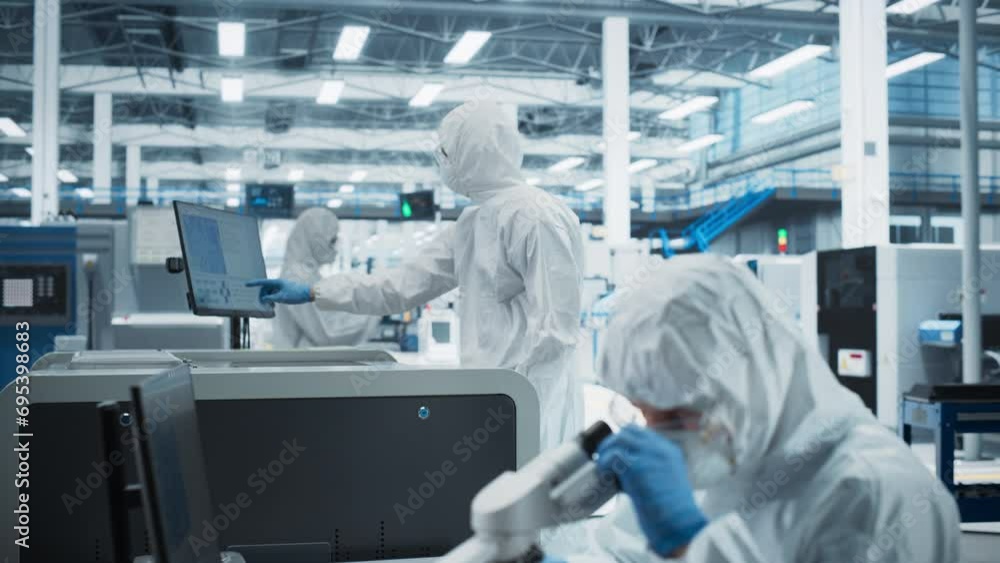 Poster two scientists in sterile suites at research factory: engineer using microscope and desktop computer