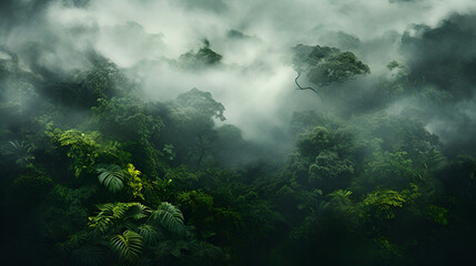 tropical rainforest with fog in the rain forest 