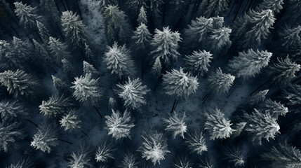 aerial view of frozen pine forest and spruce trees.