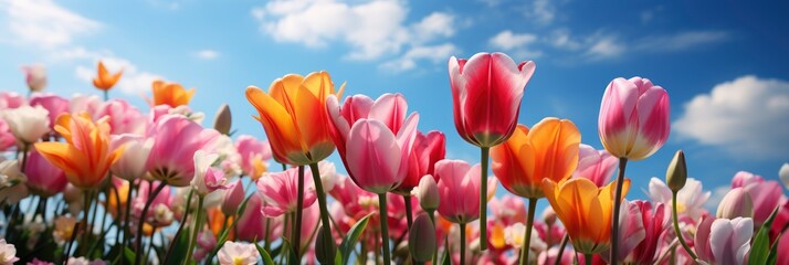 Panorama Landscape Blooming Colorful Tulip Field , Banner Image For Website, Background, Desktop Wallpaper