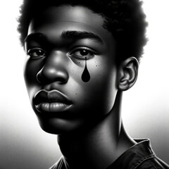 A monochrome graphic of an individual with a teardrop tattoo under the left eye, symbolizing a mix of sorrow and strength