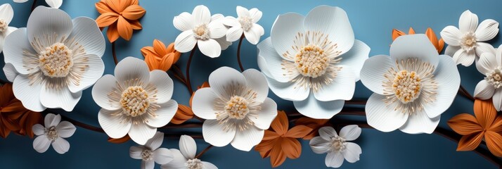 Fototapeta na wymiar Paper Flowers On Blue Background , Banner Image For Website, Background, Desktop Wallpaper