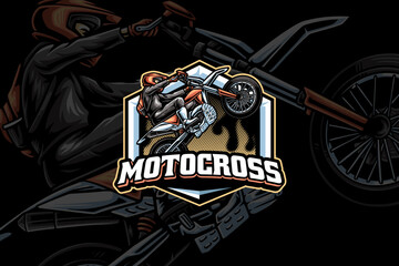 super moto standing esport mascot logo design for sport and adventure