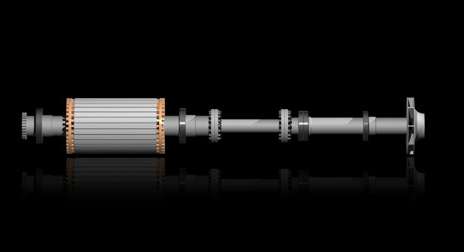 Centrifugal pump rotor turbomachinery illustration showing single stage impeller and induction motor with rolling element (ball) bearings