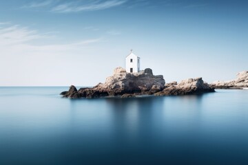 Fototapeta na wymiar a small white lighthouse sitting on top of a rock in the middle of a large body of water with a blue sky in the background and white clouds in the background.
