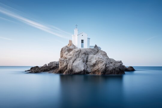  a white lighthouse on a rock in the middle of a body of water with a blue sky in the background and a few wispy clouds in the sky.