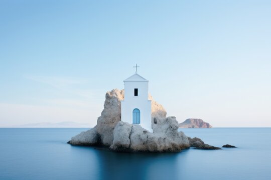  a small white church sitting on top of a rock in the middle of a body of water with a cross on the top of the rock in the middle of the picture.