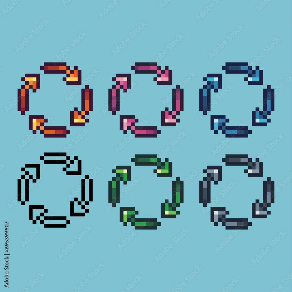 Poster pixel art sets of recycle icon with variation color item asset. recycle icon on pixelated style. 8bi