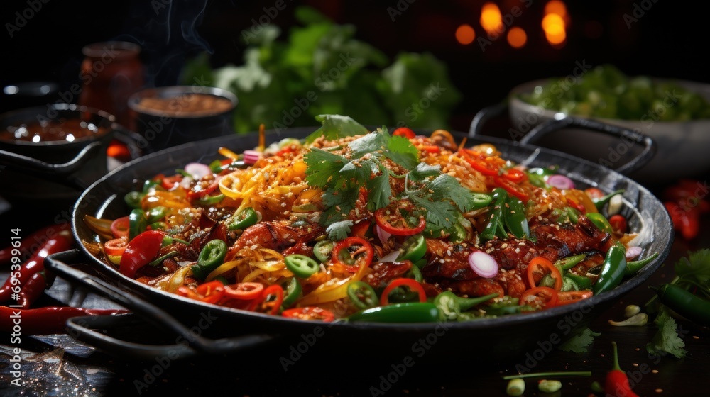 Poster a close up of a bowl of food on a table with a spoon and a bowl of chilis and peppers on the table n