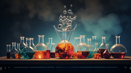 laboratory test tube and glassware on blue background