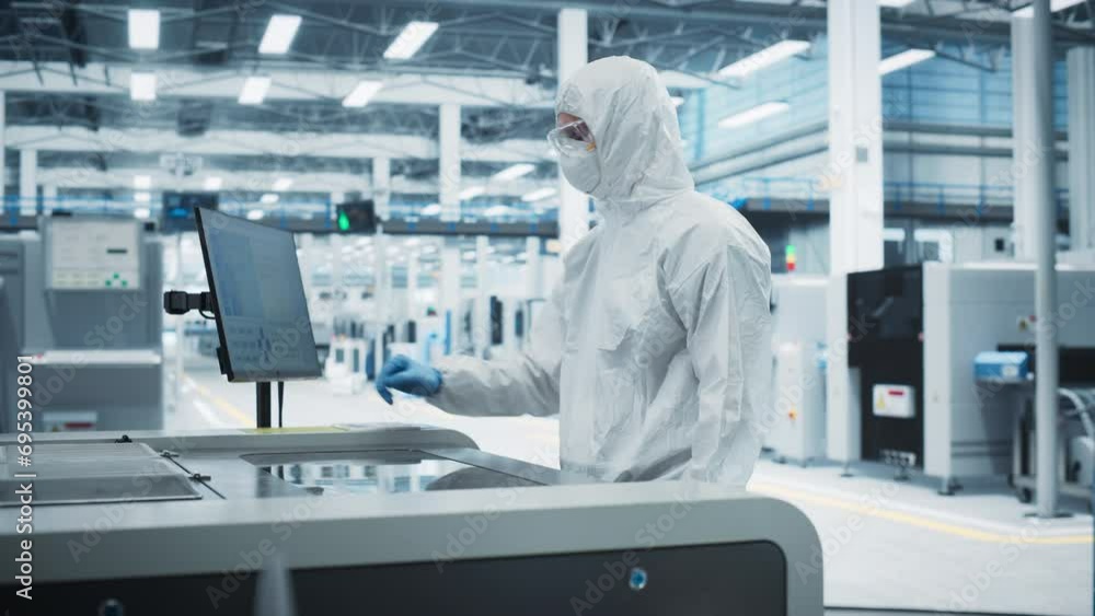 Leinwandbilder printed circuit board production at electronics factory: scientist in sterile suit using soldering j