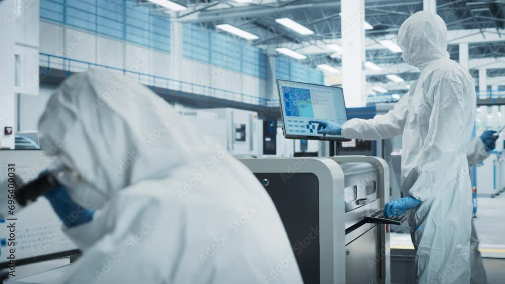 Poster two scientists in sterile suites in electronics factory cleanroom: engineer using microscope and des