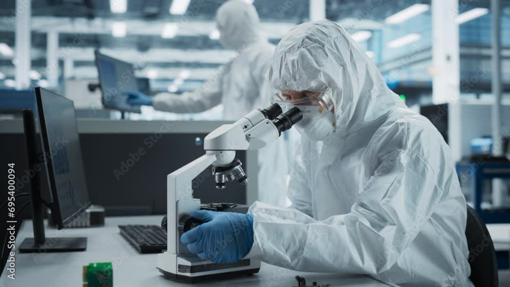 Aufkleber Two Scientists In Sterile Suites At Electronics Factory: Engineer Using Microscope And Desktop Computer To Inspect Microchip While His Colleague Using Soldering Jet Printer To Print Modern Motherboard
