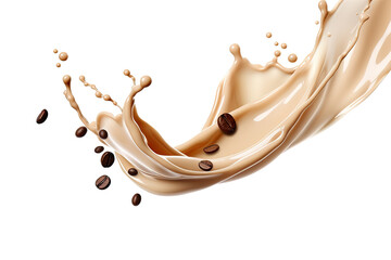 Milk Brown coffee liquid swirl splash and little bubbles with falling coffee Beans isolated on transparent png background, liquid fluid element flowing in form of wave. - obrazy, fototapety, plakaty