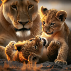 A close-up of two lion cubs wrestling under the watchful eye of the lioness - obrazy, fototapety, plakaty