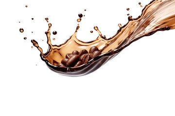 Milk Brown coffee liquid swirl splash and little bubbles with falling coffee Beans isolated on transparent png background, liquid fluid element flowing in form of wave.
