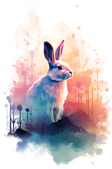 watercolor cute rabbit in a field