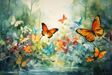 Fototapeta premium a painting of two orange butterflies flying over a lush green forest filled with wildflowers and a stream of water in front of a yellow sky with white clouds.