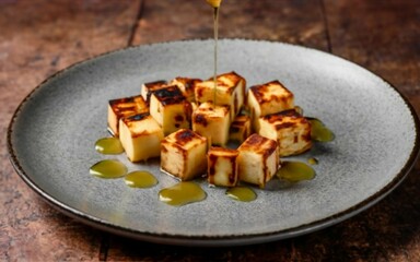 Coalho cheese in cubes and baked on a plate drizzled with honey. Created with generative Ai technology.