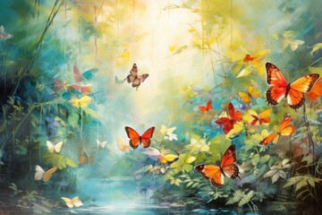  a painting of butterflies flying in the air over a stream in a forest filled with green plants and yellow and red flowers, with a blue sky in the background.