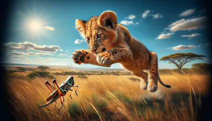 A lion cub attempting to pounce on an unsuspecting insect on the African savanna - obrazy, fototapety, plakaty