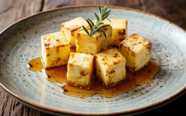 Coalho cheese in cubes and baked on a plate drizzled with honey. Created with generative Ai technology.