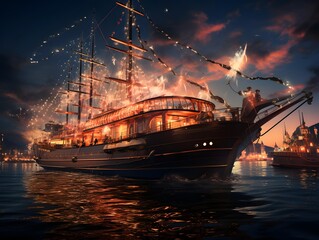 Sailing ship in the sea at sunset. 3d illustration.