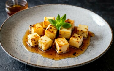 Coalho cheese in cubes and baked on a plate drizzled with honey. Created with generative Ai technology.