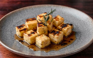 Coalho cheese in cubes and baked on a plate drizzled with honey. Created with generative Ai technology.