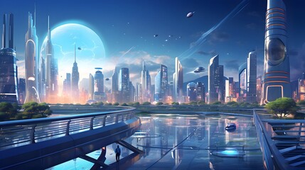 Futuristic city panorama. Futuristic city at night.