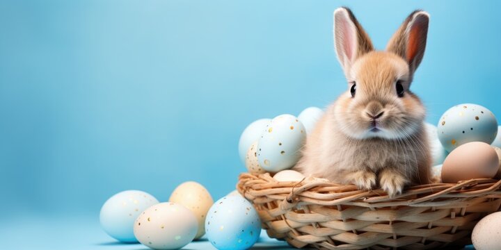 Easter holiday. Easter basket with Cute bunny and eggs. Easter rabbit in a basket